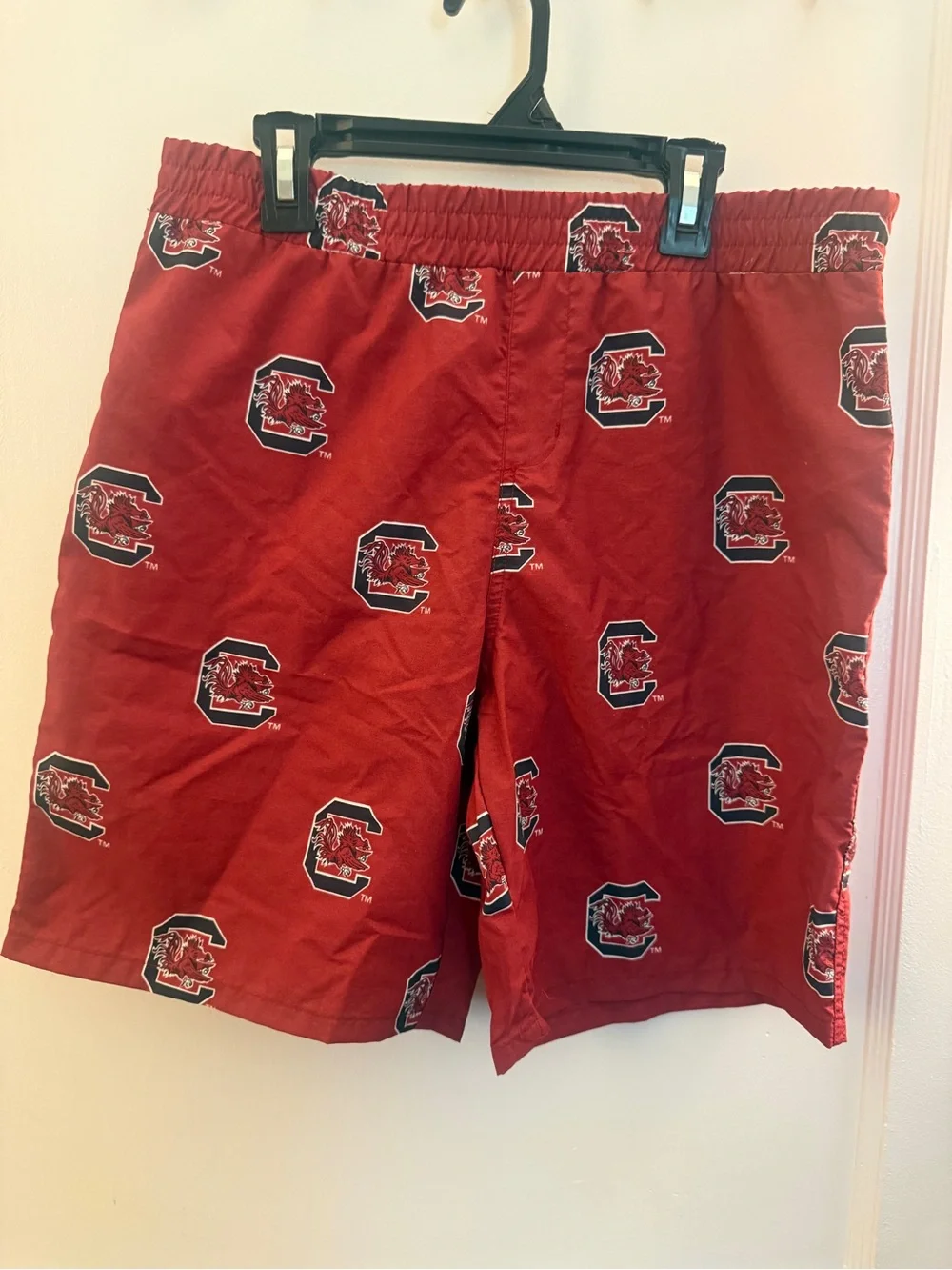Columbia Kids Red Swim Trunks with Team Logo Print